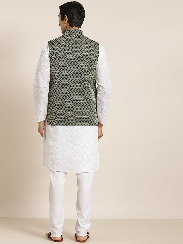 SOJANYA Men White Ethnic Motifs Chikankari Pure Cotton Kurta with Churidar & Nehru Jacket