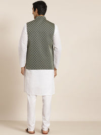 SOJANYA Men White Ethnic Motifs Chikankari Pure Cotton Kurta with Churidar & Nehru Jacket