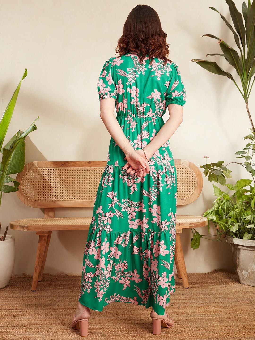 Berrylush Green Floral Printed V-Neck Puff Sleeve Cut Out Tiered Maxi Dress