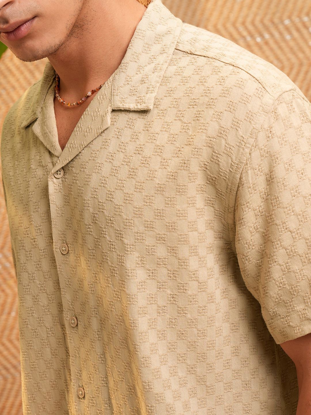 HIGHLANDER Men Dobby Textured Solid Cuban Collar Relaxed Shirt