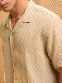 HIGHLANDER Men Dobby Textured Solid Cuban Collar Relaxed Shirt