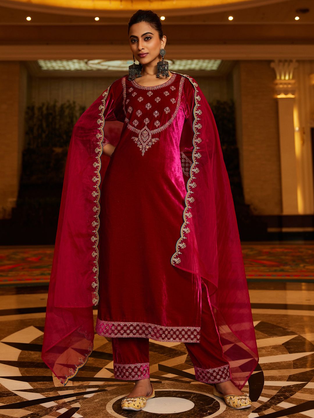 Indo Era Women Ethnic Motifs Embroidered Regular Velvet Kurta with Trousers & With Dupatta
