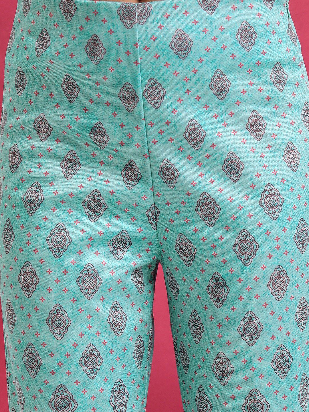 Vishudh Turquoise Blue Printed Mandarin Collar Shirt With Trouser