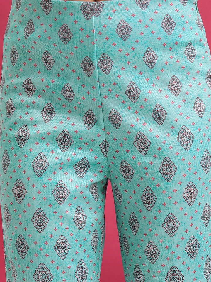 Vishudh Turquoise Blue Printed Mandarin Collar Shirt With Trouser