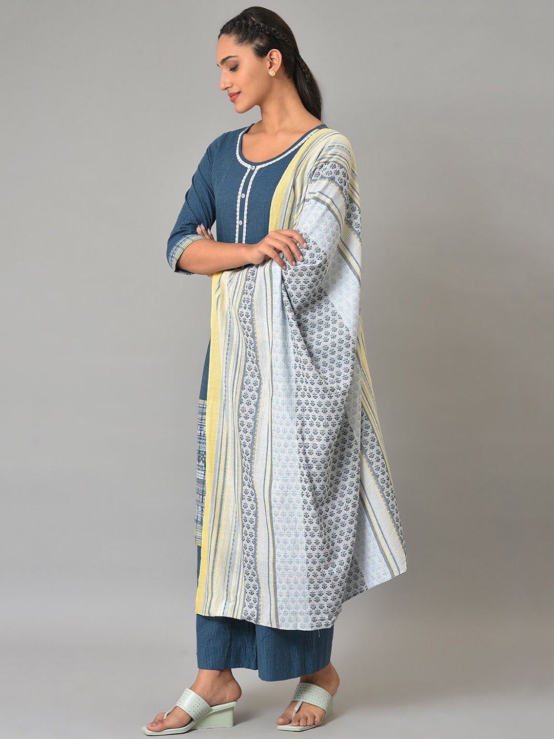 Aurelia Women Navy Geometric Print Cotton Kurta Set with Palazzos & Dupatta