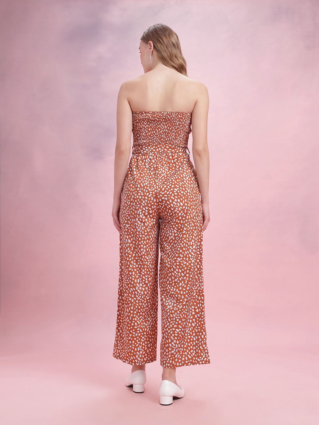 DressBerry Off-Shoulder Smocked Printed Belted Basic Jumpsuit
