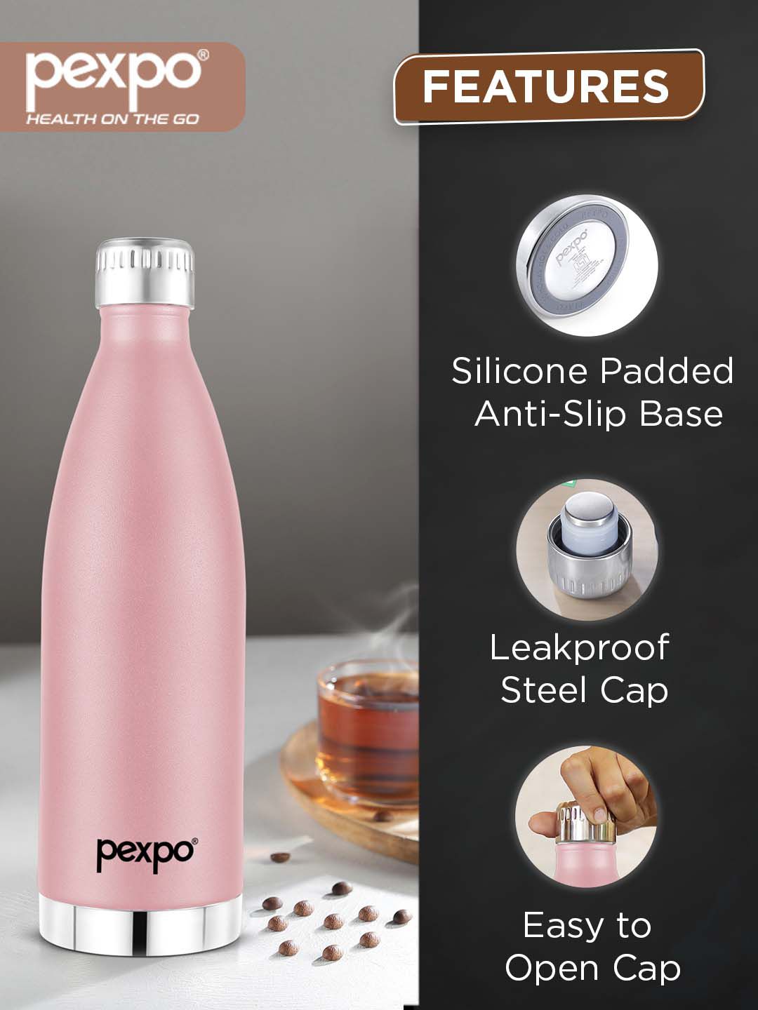 Pexpo Exteme Rosy Brown Thermosteel ISI Certified Hot & Cold Flask Water Bottle 830ml