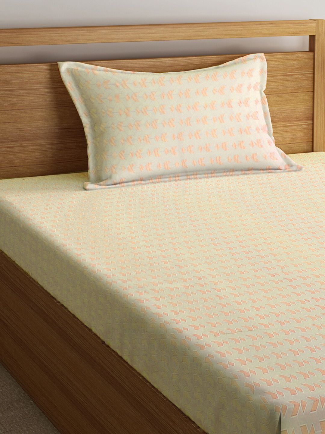 KLOTTHE Orange & White Geometric Printed 300 TC Single Bedsheet With Pillow Cover