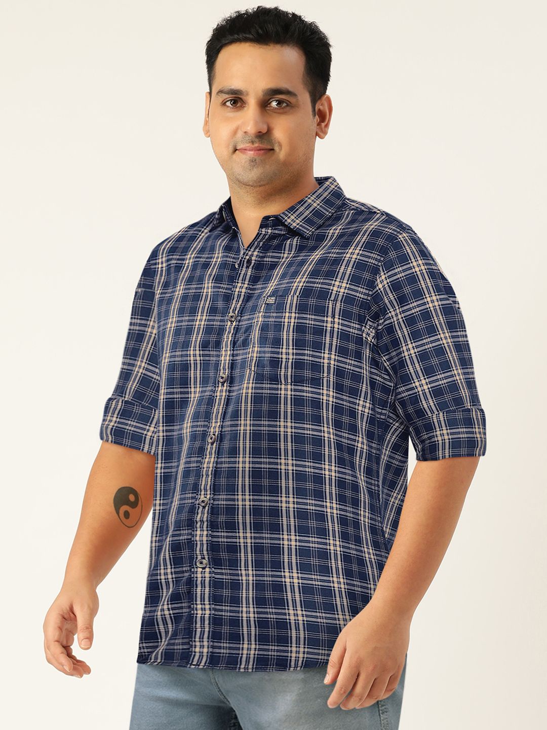 The Indian Garage Co Men Navy Blue Checked Casual Shirt