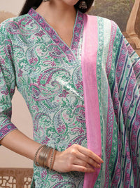 Vishudh Green Floral Printed Pure Cotton Straight Kurta With Trousers & Dupatta