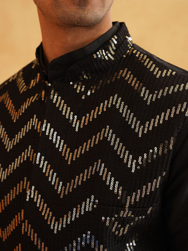 SOJANYA Band Collar Long Sleeves Regular Kurta With Churidar With Nehru Jacket