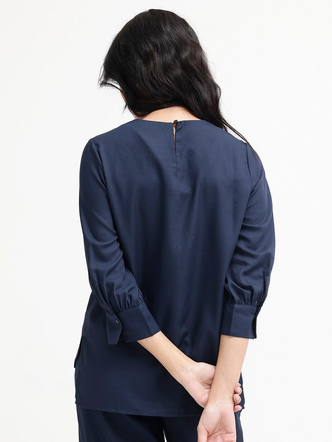 RAREISM Round Neck Cuffed Sleeves Styled Back Top
