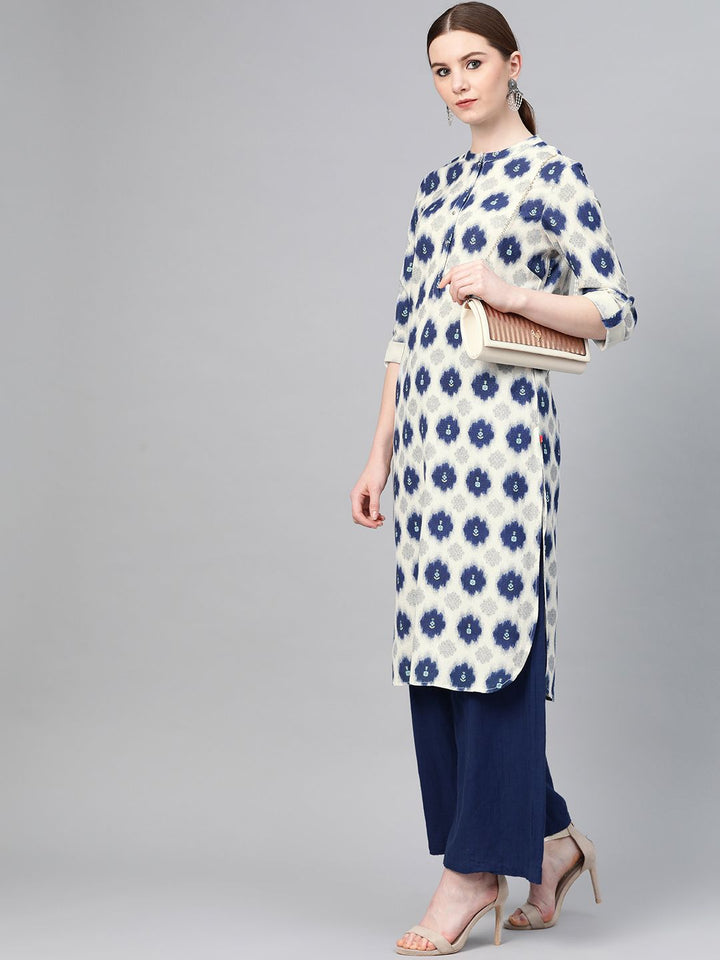 W Women Off-White & Navy Blue Printed Straight Kurta