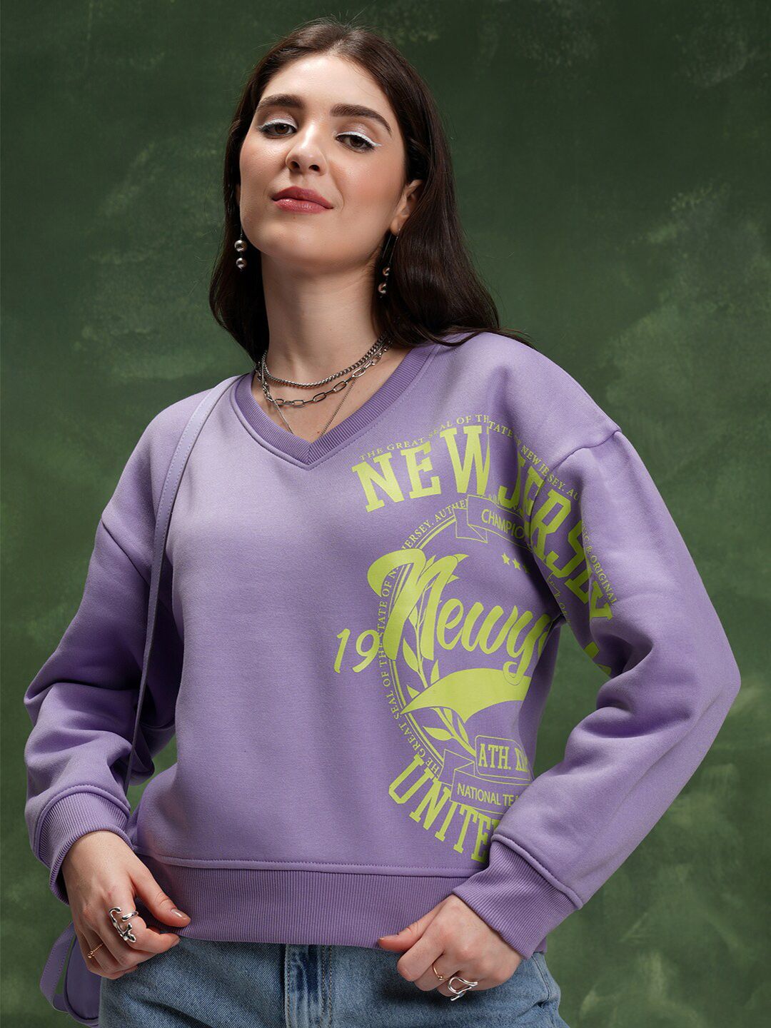 Tokyo Talkies Purple Typography Printed Drop-Shoulder Sleeves Relaxed Fit Sweatshirt