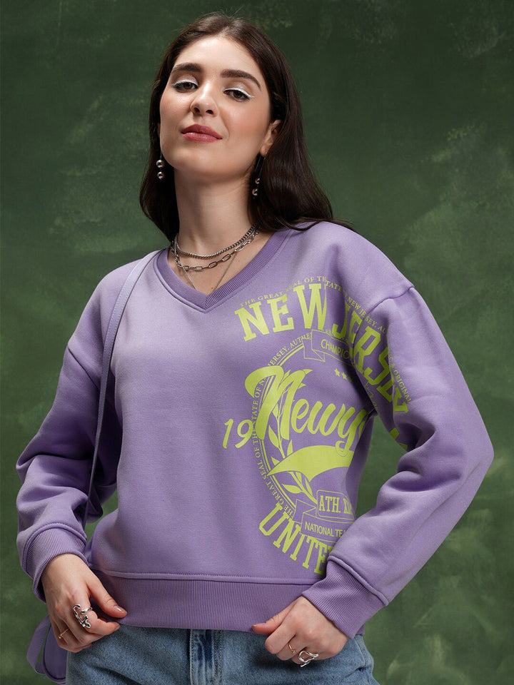 Tokyo Talkies Purple Typography Printed Drop-Shoulder Sleeves Relaxed Fit Sweatshirt