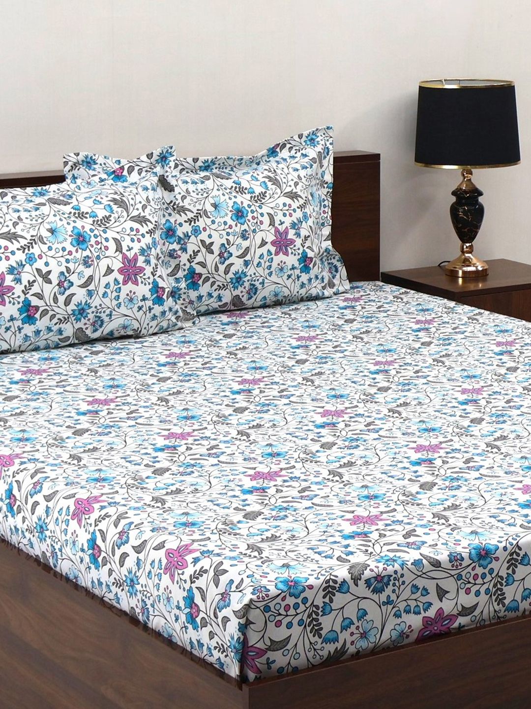 BOMBAY DYEING Cardinal Blue Floral Printed Cotton 120 TC Queen Bedsheet Set 2.54 x 2.24m