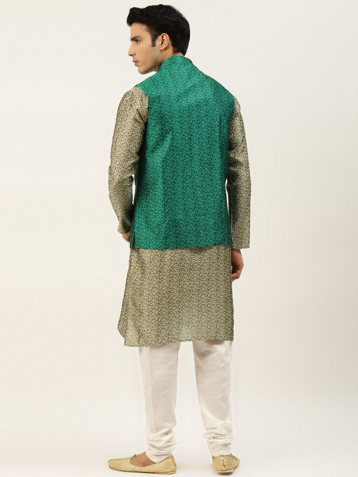 SOJANYA Men Green & Beige Ethnic Motifs Woven Design Kurta with Churidar & Nehru Jacket