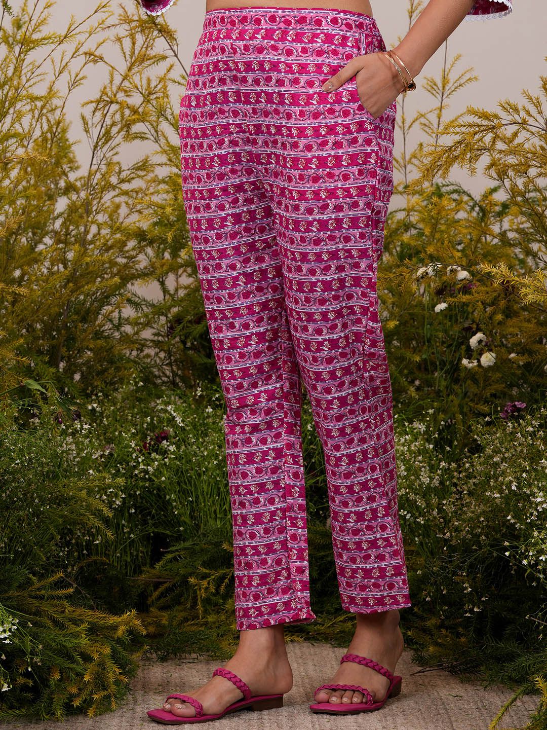 Libas Floral Printed Pleated Pure Cotton Kurta with Trousers & Dupatta