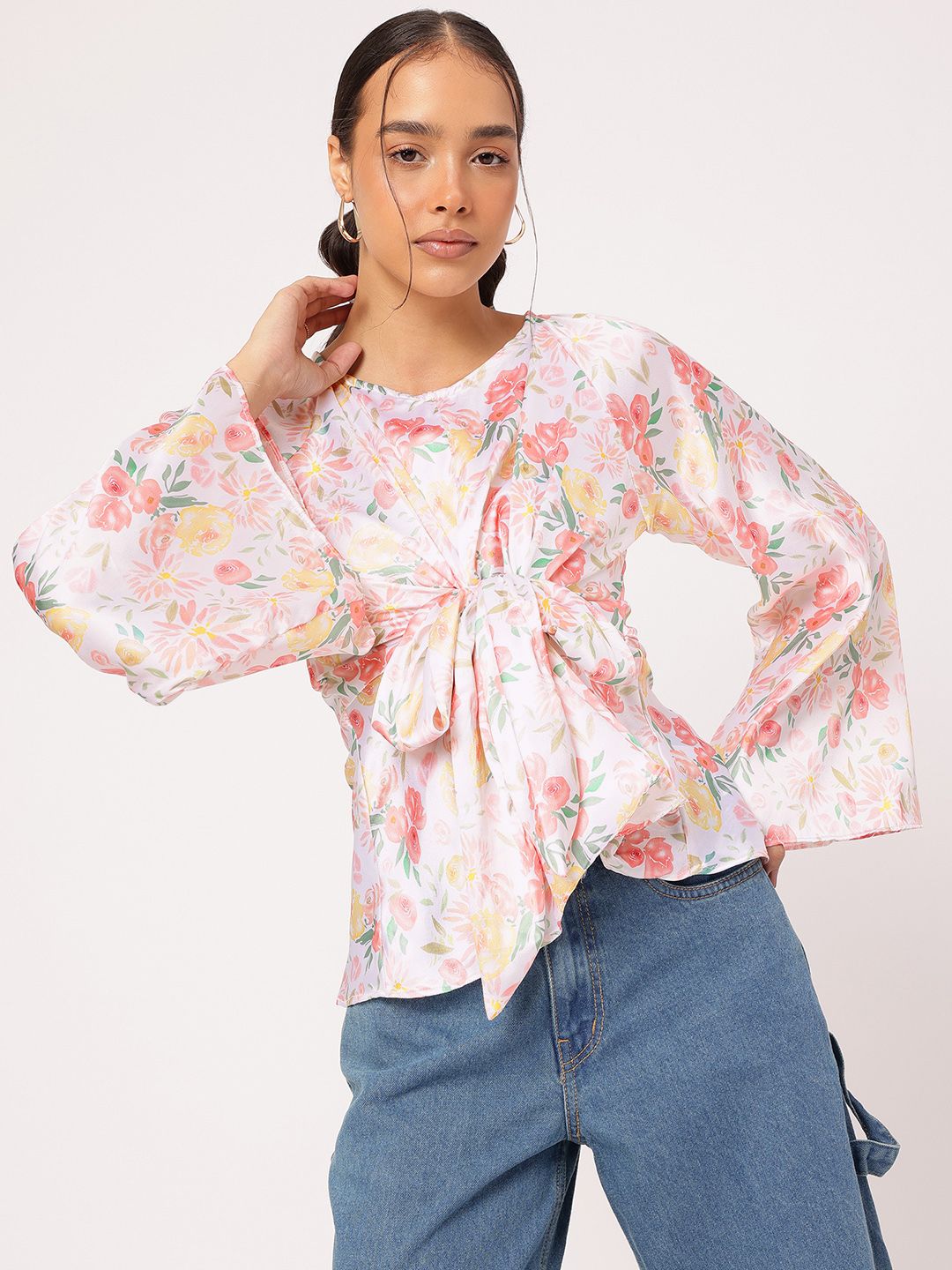 DressBerry Glam Groove Floral Printed Tie-Up Flared Sleeve Top