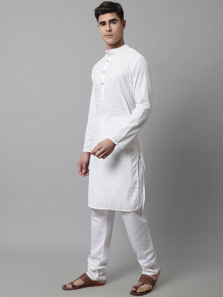 Jompers Men White Embroidered Chikankari Pure Cotton Kurta with Churidar