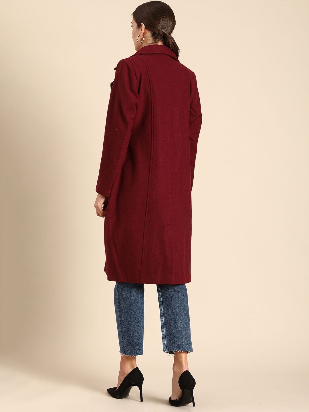 all about you Women Maroon Notched Lapel Single-Breasted Trench Coat