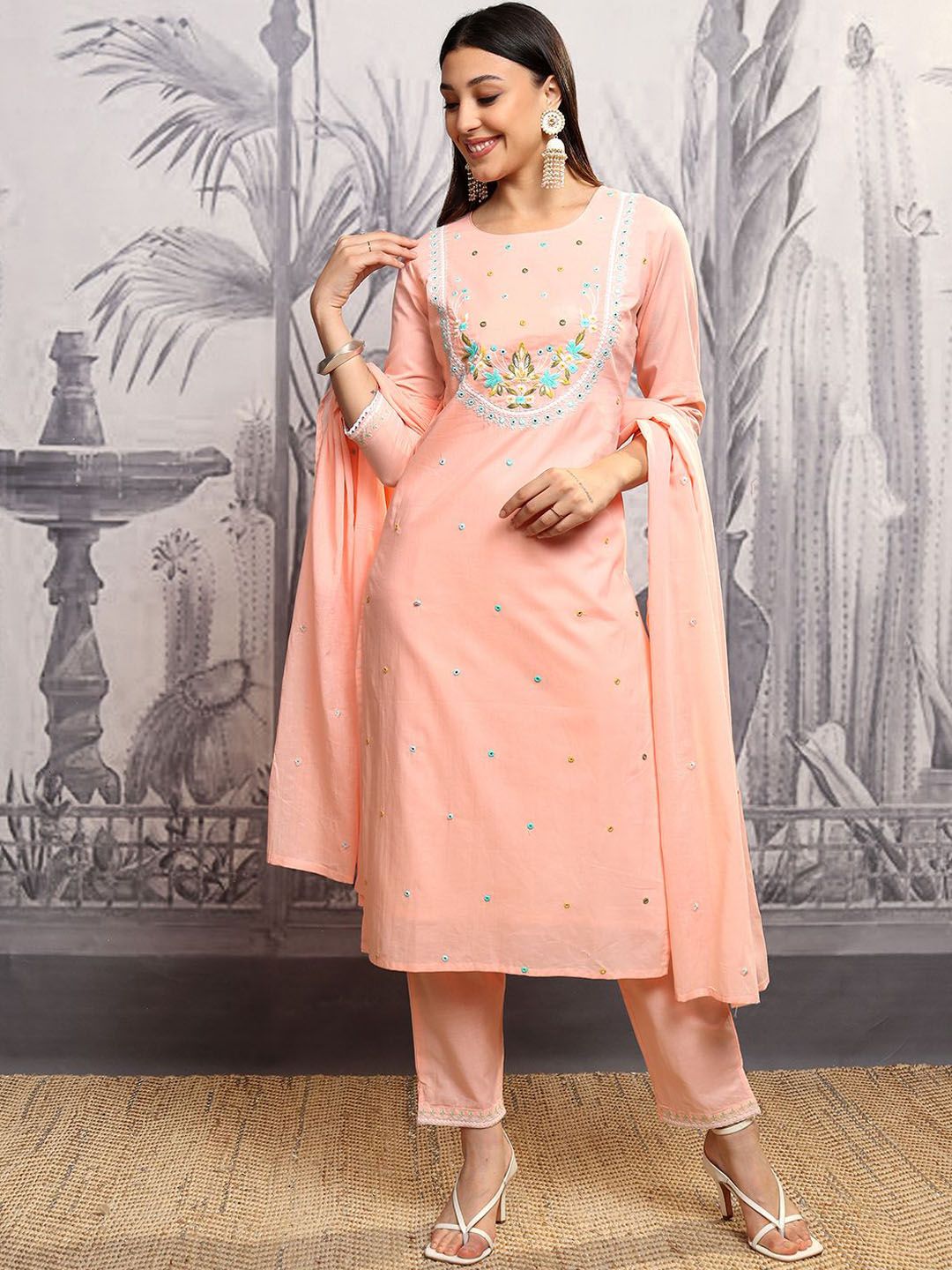 Vishudh Women Embroidered Thread Work Pure Cotton Kurta with Trousers & With Dupatta