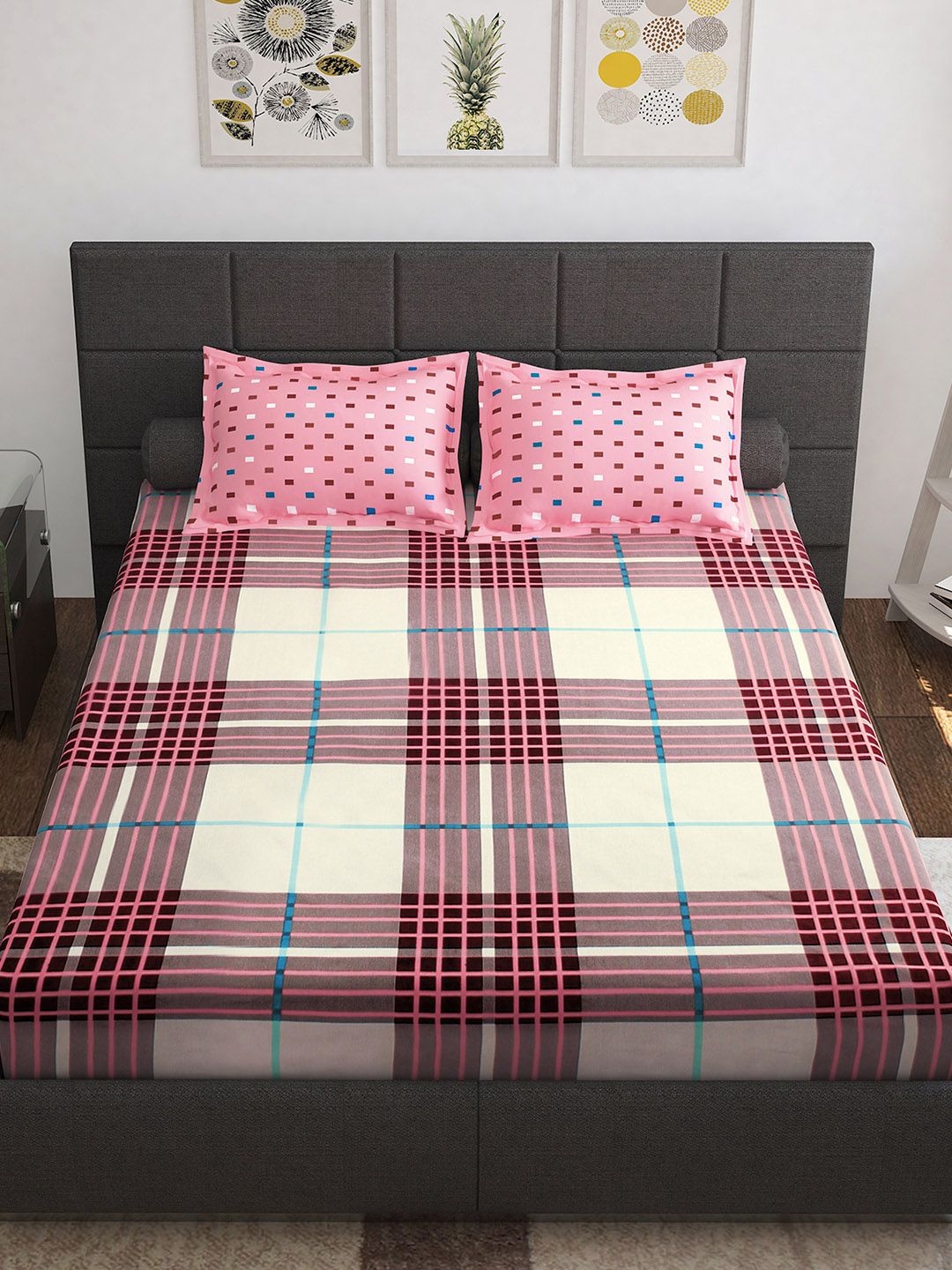 Story@home Ventura White Maroon 144 TC Pure Cotton Queen Bedsheet With 2 Pillow Covers