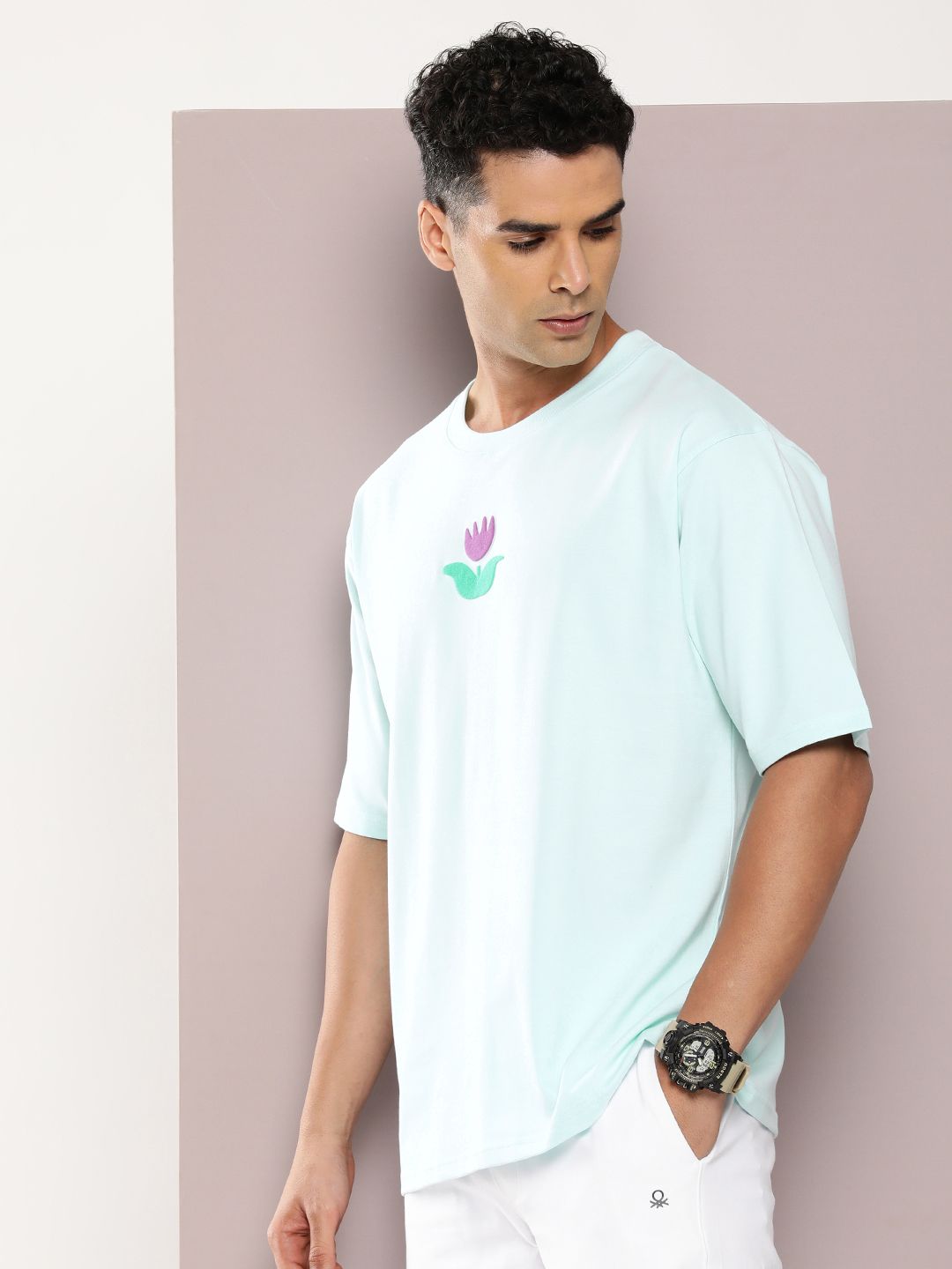 DILLINGER Men Graphic Printed Embossed Oversized Drop-Shoulder Sleeves Pure Cotton T-shirt