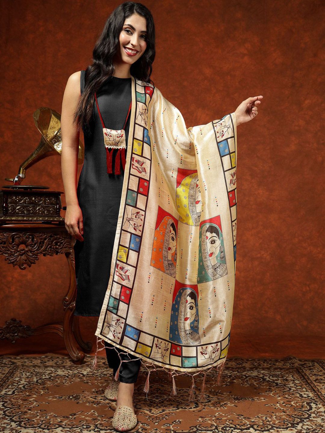 KALINI Round Neck Kurta & Trousers With Dupatta