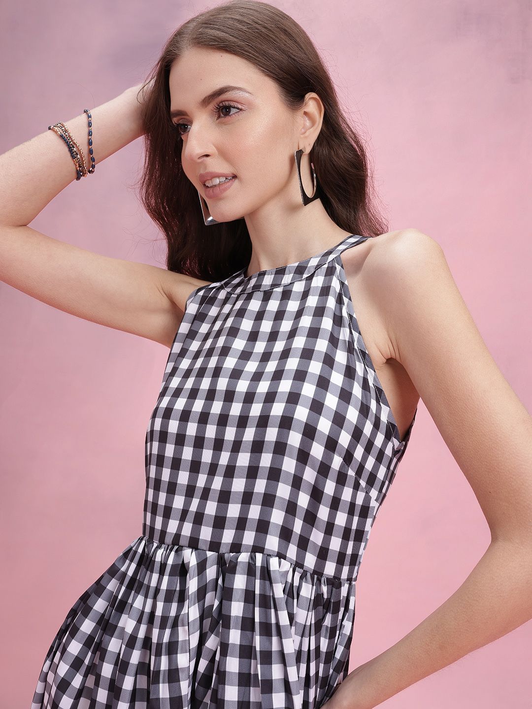 DressBerry Checked Halter Neck Fit & Flare Dress