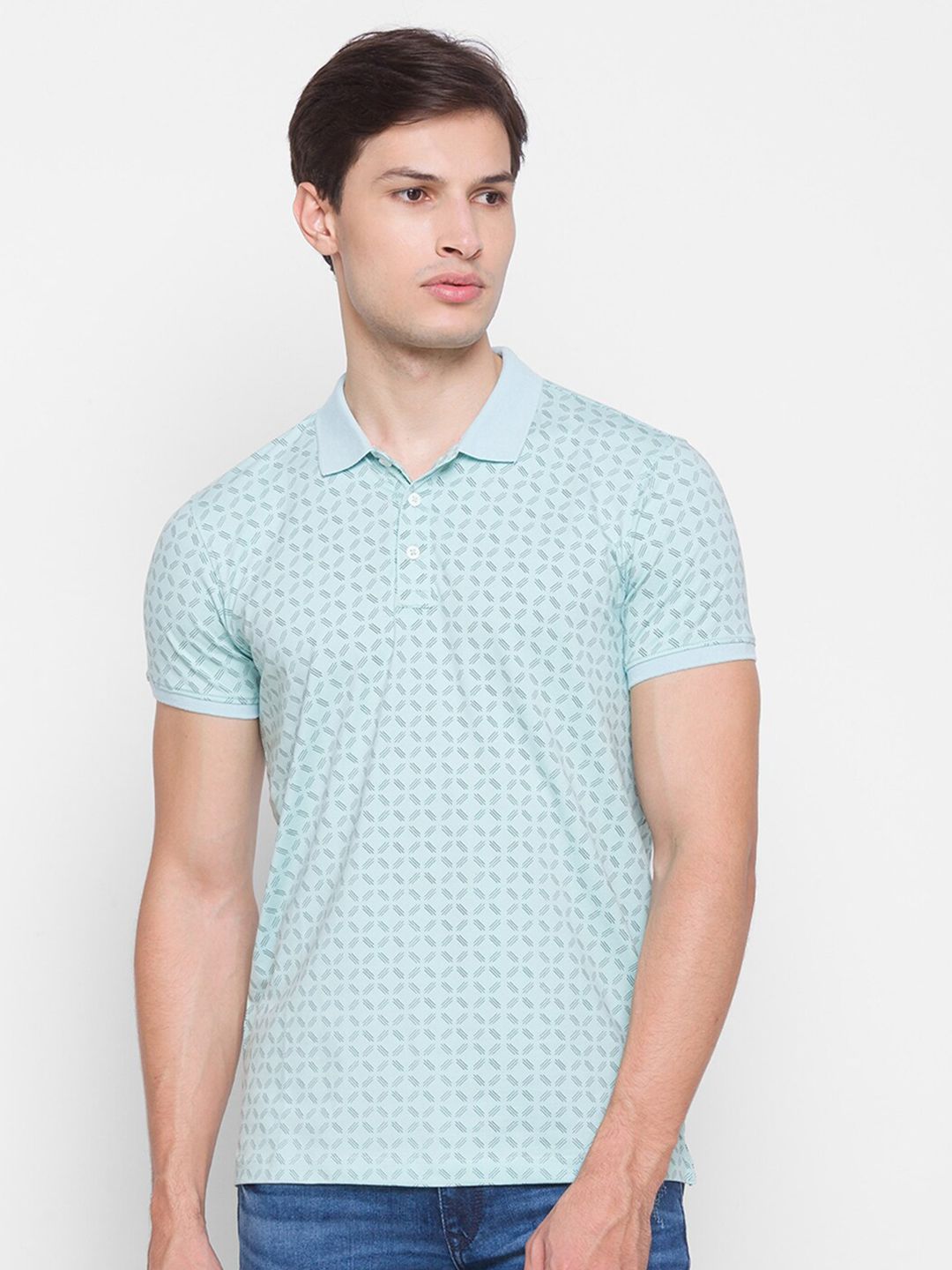 SPYKAR Men Blue Printed Polo Collar Slim Fit T-shirt