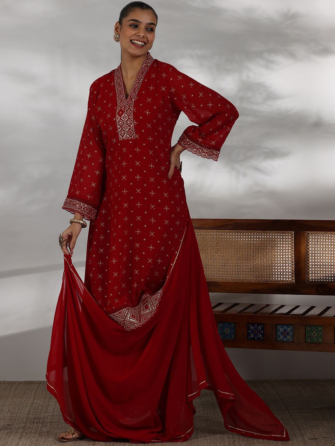 Libas Women Ethnic Motifs Printed Regular Mirror Work Kurta with Palazzos & With Dupatta