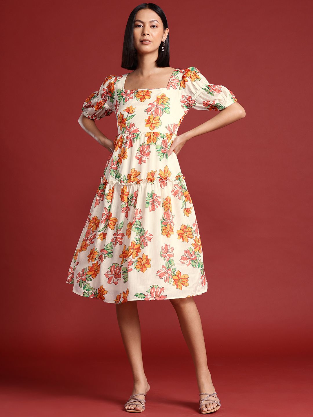 all about you Floral Print Puff Sleeve A-Line Midi Dress