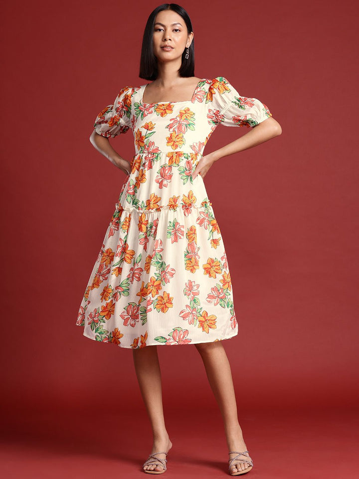 all about you Floral Print Puff Sleeve A-Line Midi Dress