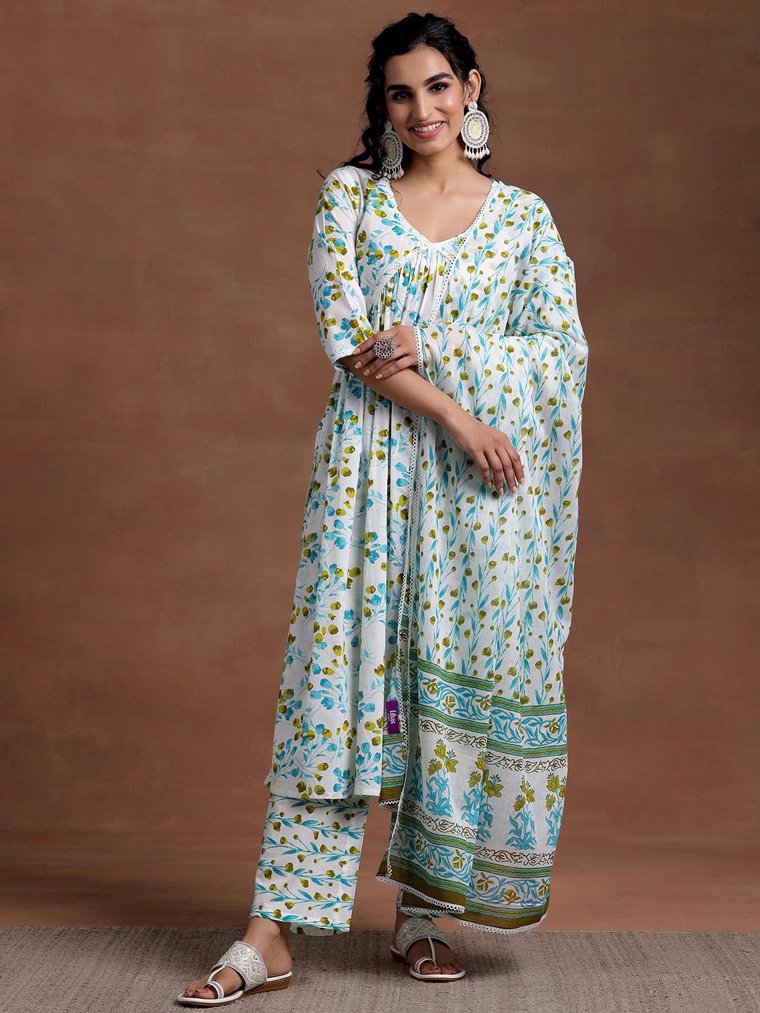 Libas V Neck Floral Printed Pleated Pure Cotton A Line Kurta with Palazzo & Dupatta
