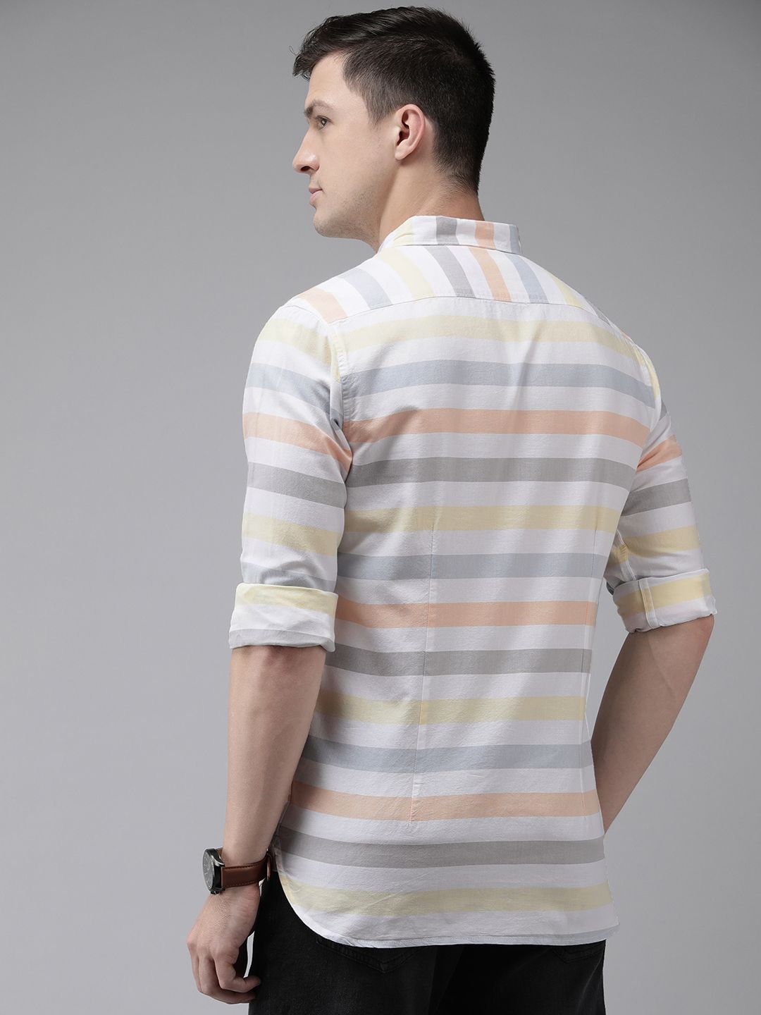 THE BEAR HOUSE Men White & Grey Pure Cotton Slim Fit Striped Casual Shirt