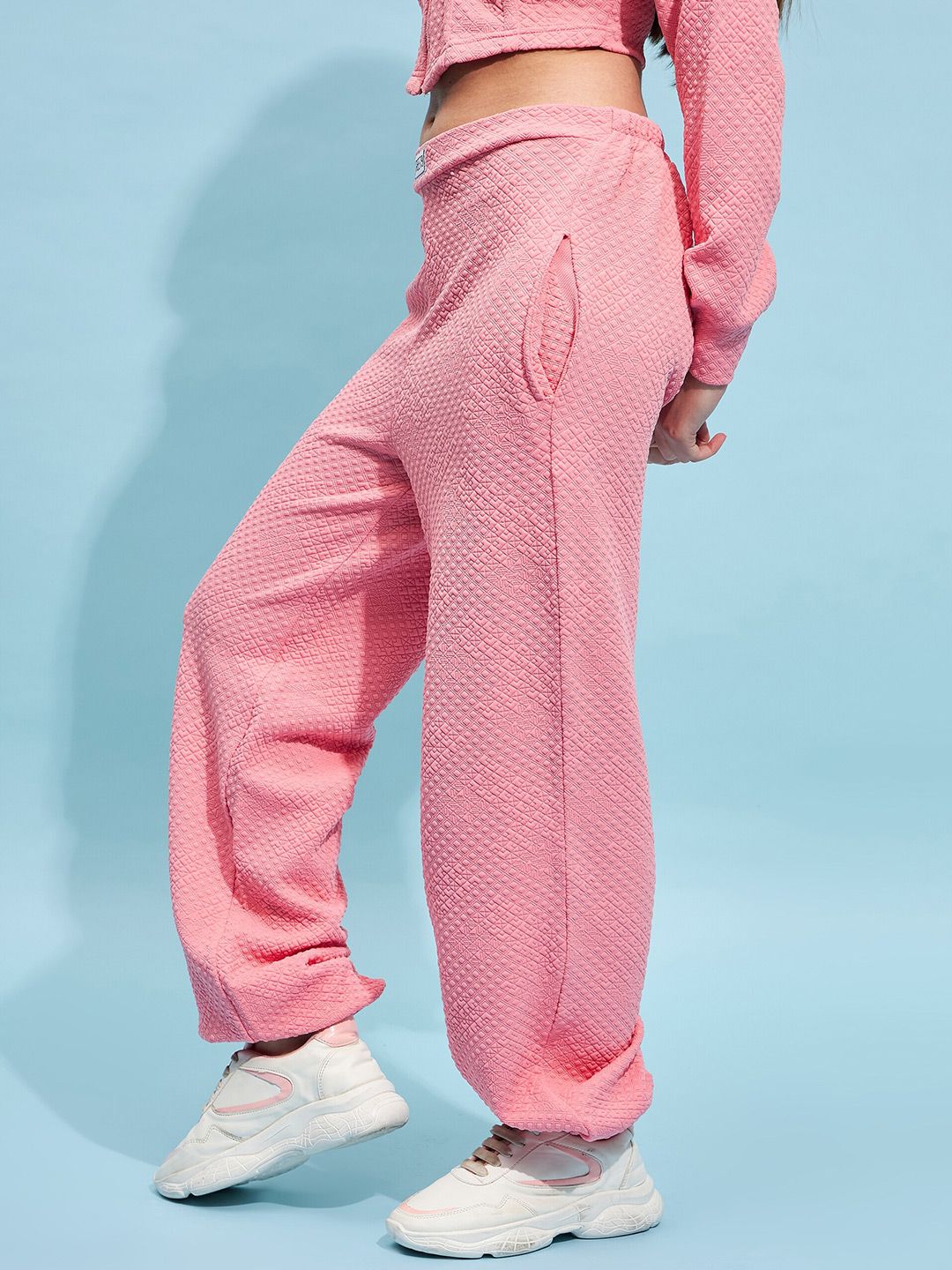 STREET 9 Women Pink Cotton Relaxed Loose Fit Mid-Rise Casual Knitted Joggers Trouser