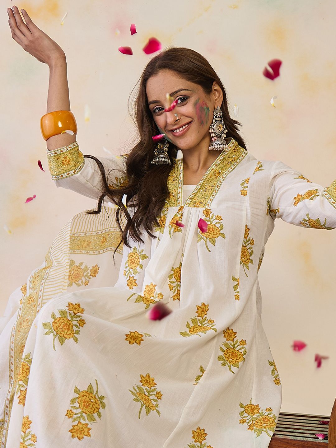 Indo Era Women Floral Printed Pleated Beads and Stones Pure Cotton Kurta with Trousers & With Dupatta