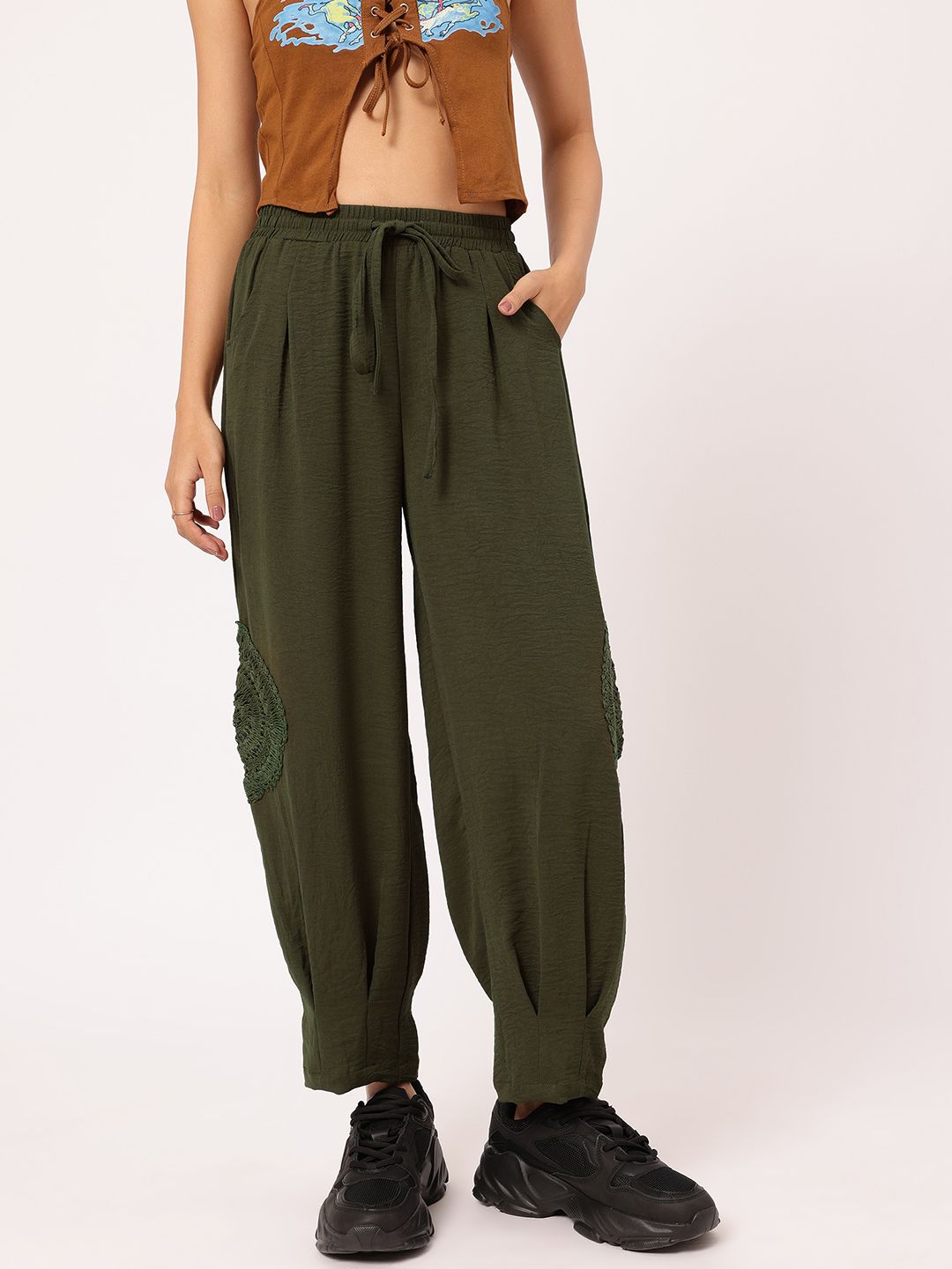 DressBerry Women Hippie Chic Crochet Patchwork Crinkled Cropped Trousers