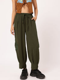 DressBerry Women Hippie Chic Crochet Patchwork Crinkled Cropped Trousers