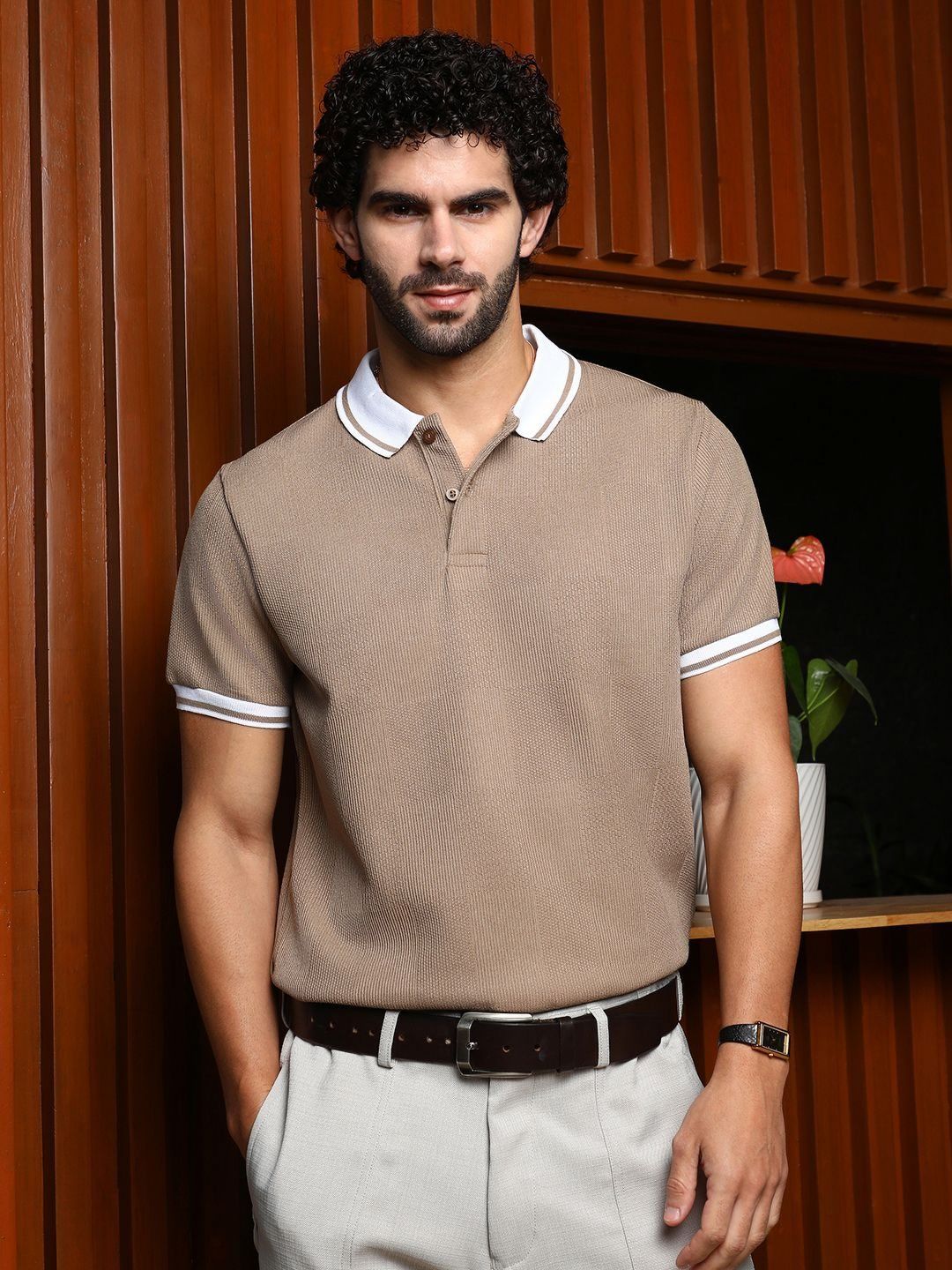 Campus Sutra Men Self Design Polo Collar Cotton T-shirt