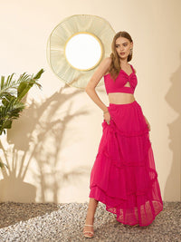 Berrylush Pink Self Design Shoulder Straps Sleeveless Smocked Fitted Crop Top