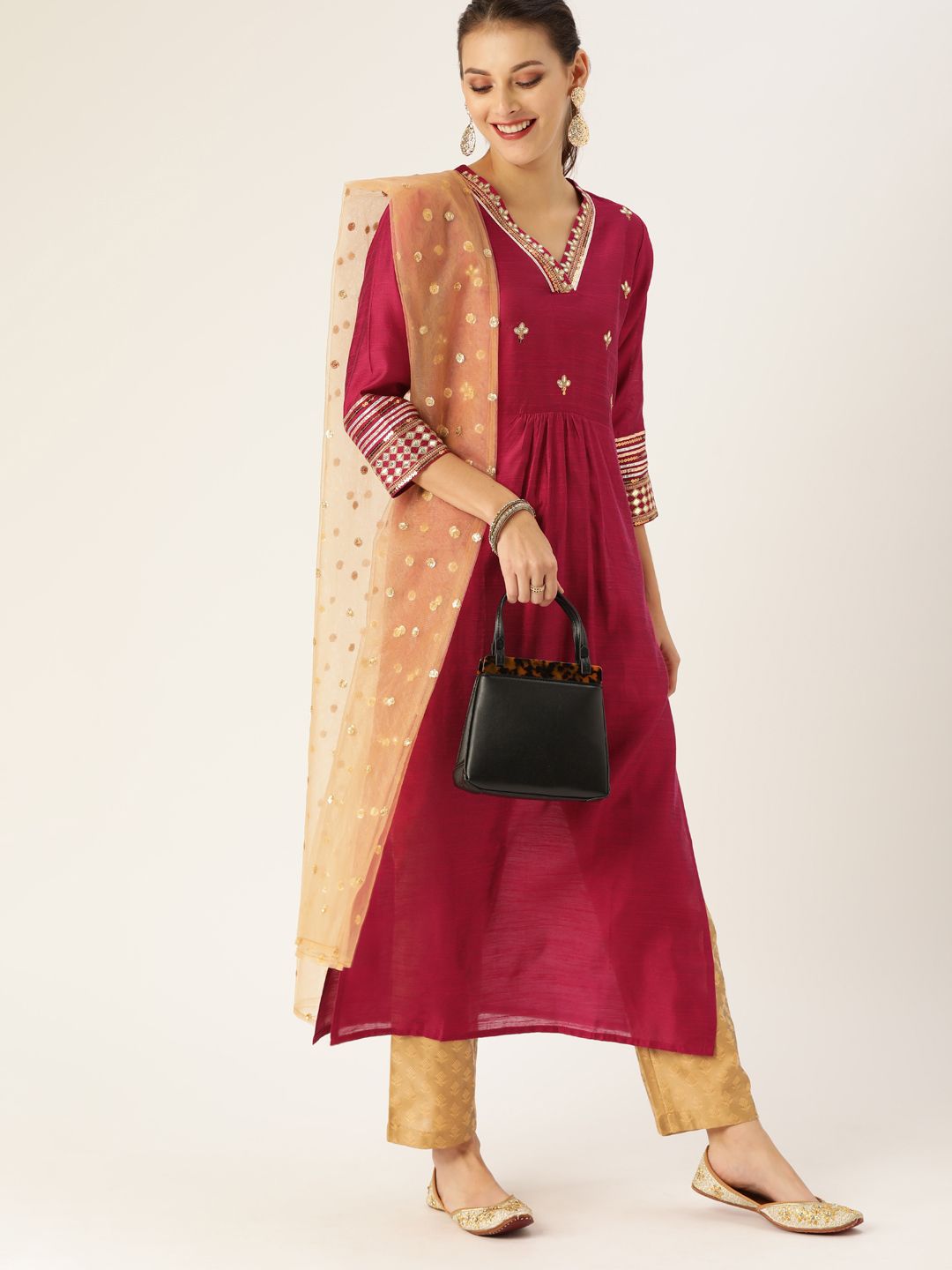 Varanga Women Magenta Pink & Gold-Coloured Embroidered Kurta with Trousers & Dupatta