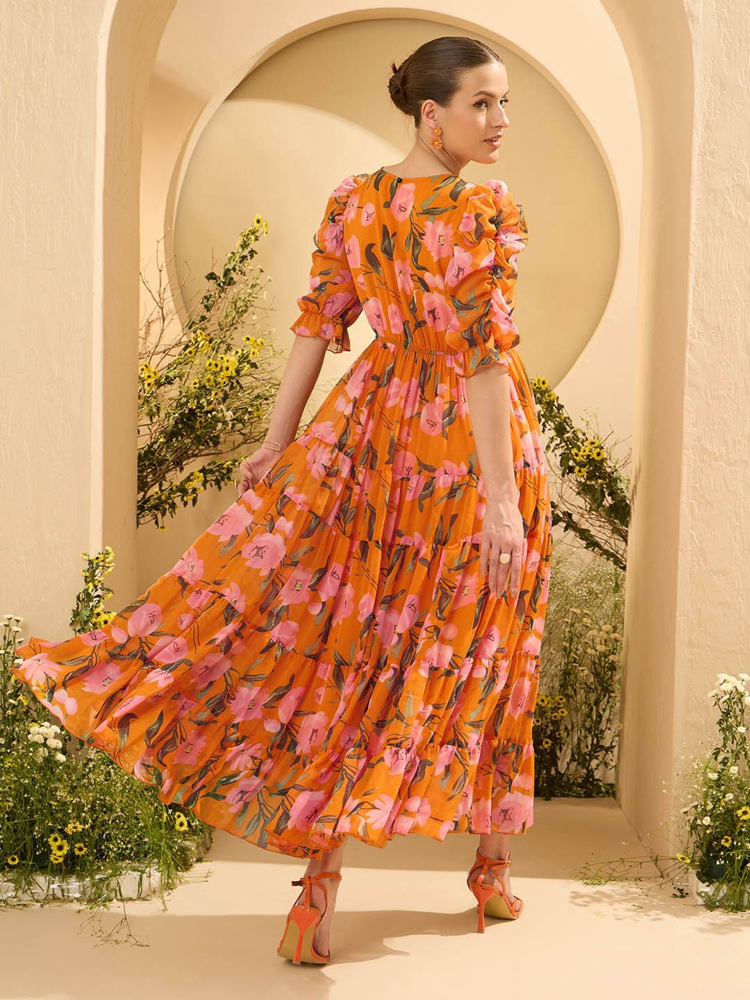 Antheaa Women Embellished Floral Printed Puff Sleeves Tiered Maxi Dress