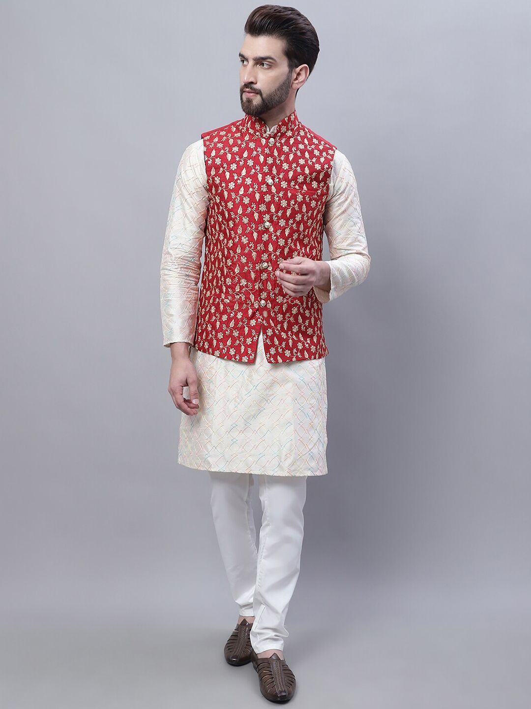 SOJANYA Embroidered Thread Work Kurta and Churidar with Nehru Jacket