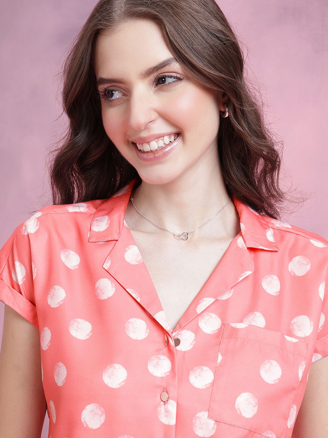 DressBerry Polka Dot Print Extended Sleeves Shirt Style Top