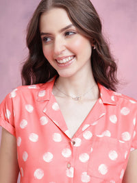 DressBerry Polka Dot Print Extended Sleeves Shirt Style Top