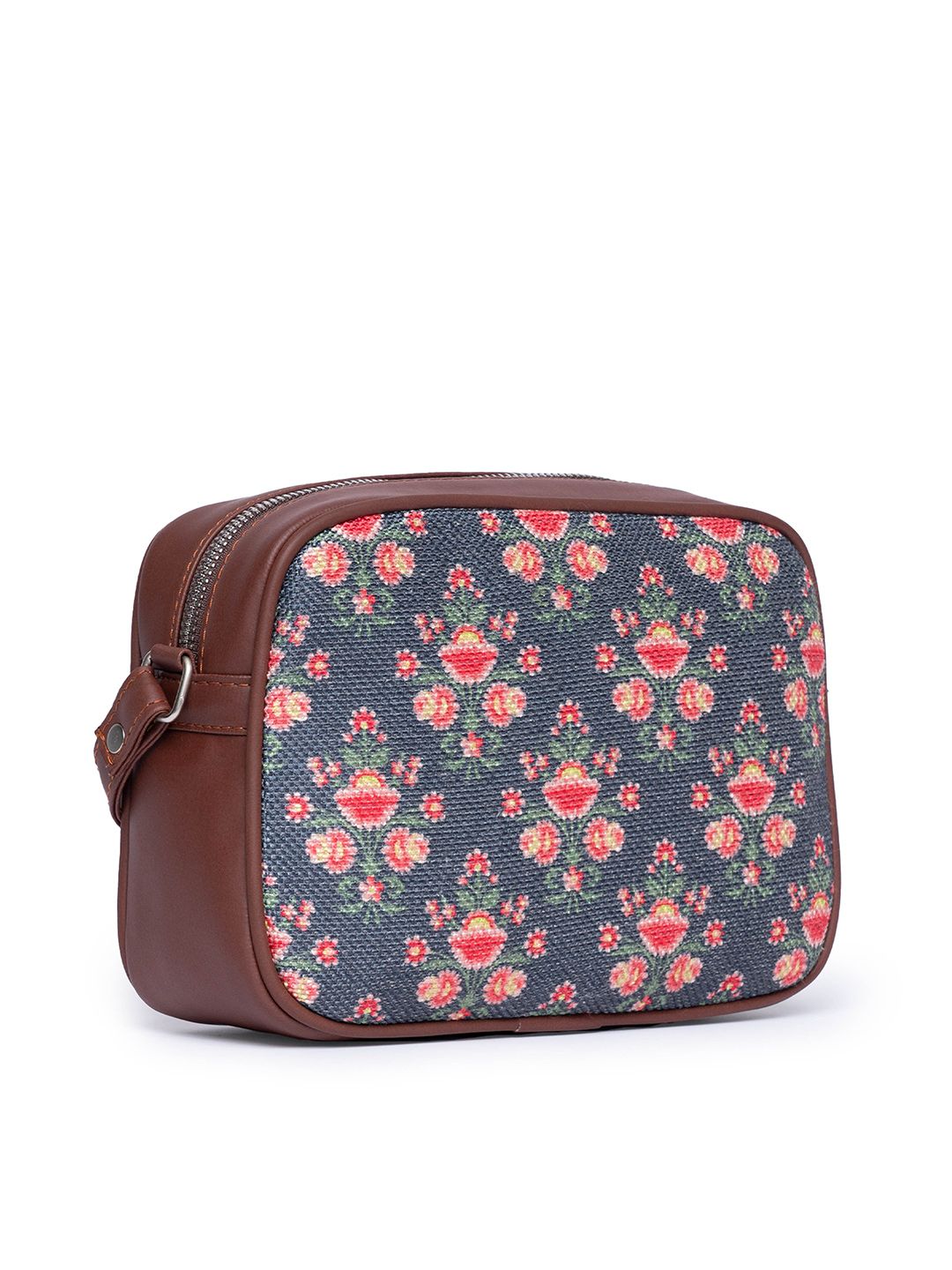 ZOUK Navy Blue Floral Printed Structured Sling Bag with Tasselled