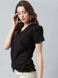 Athena Black Wrap Top dengan Lengan Puffed