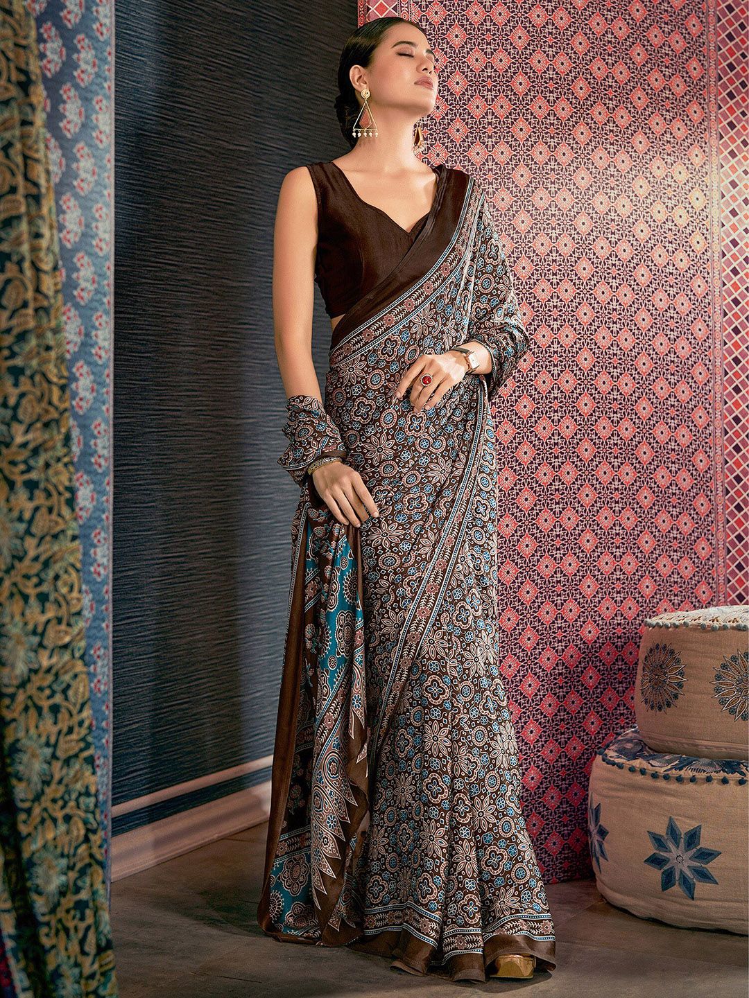 Saree mall Brown & Teal Ajrak Poly Crepe Block Print Sarees